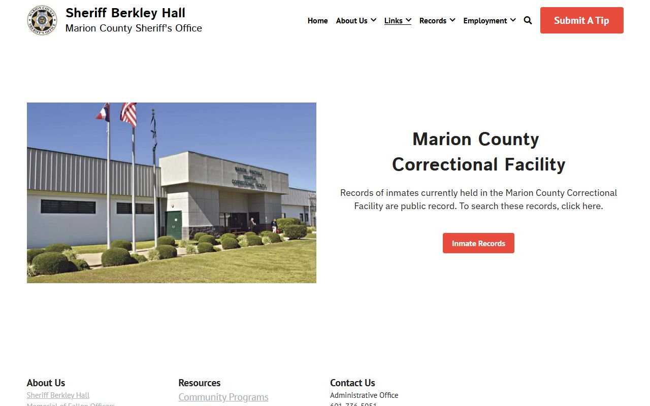 Marion County Sheriff's Office inmate records page linking to JailTracker