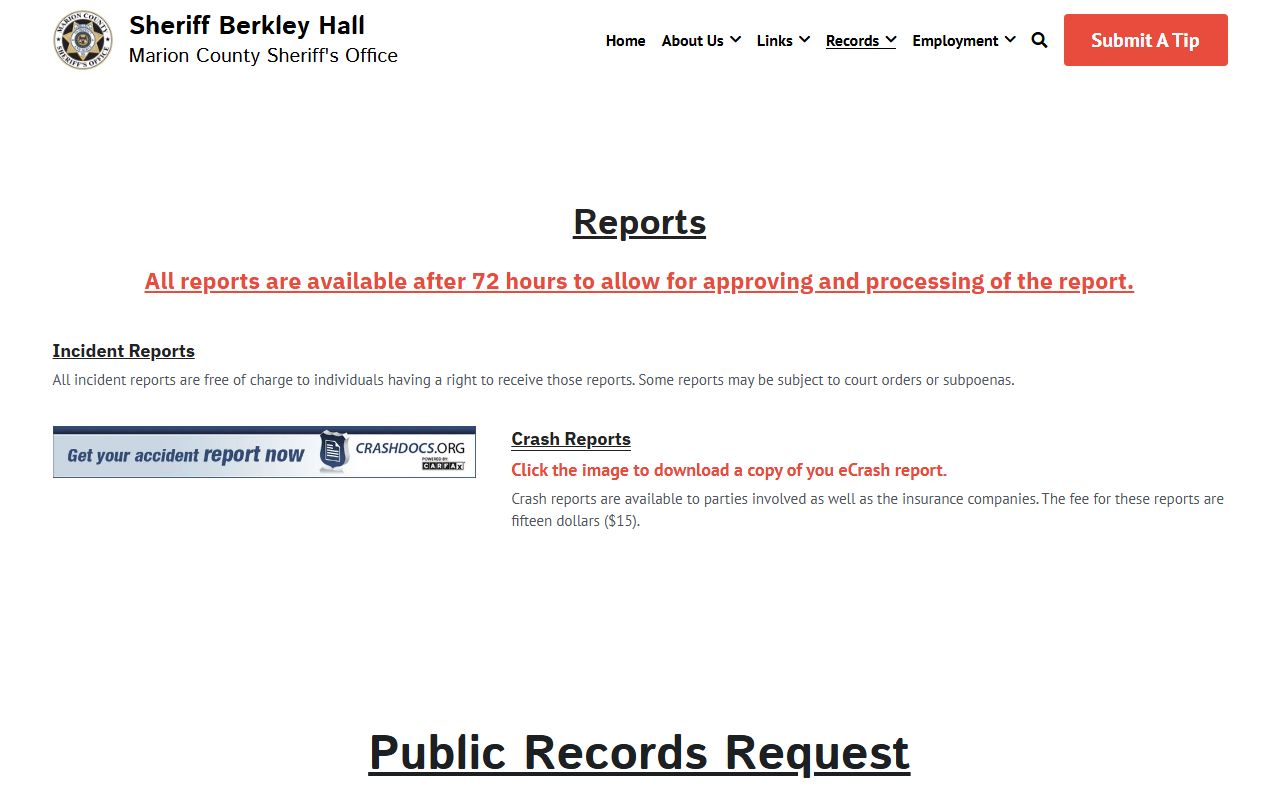 Marion County sheriff records page with public records request instructions